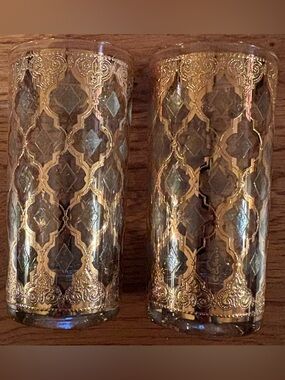 Culver Valencia Highball Glasses, Set of 2, 22K Gold & Green Diamond